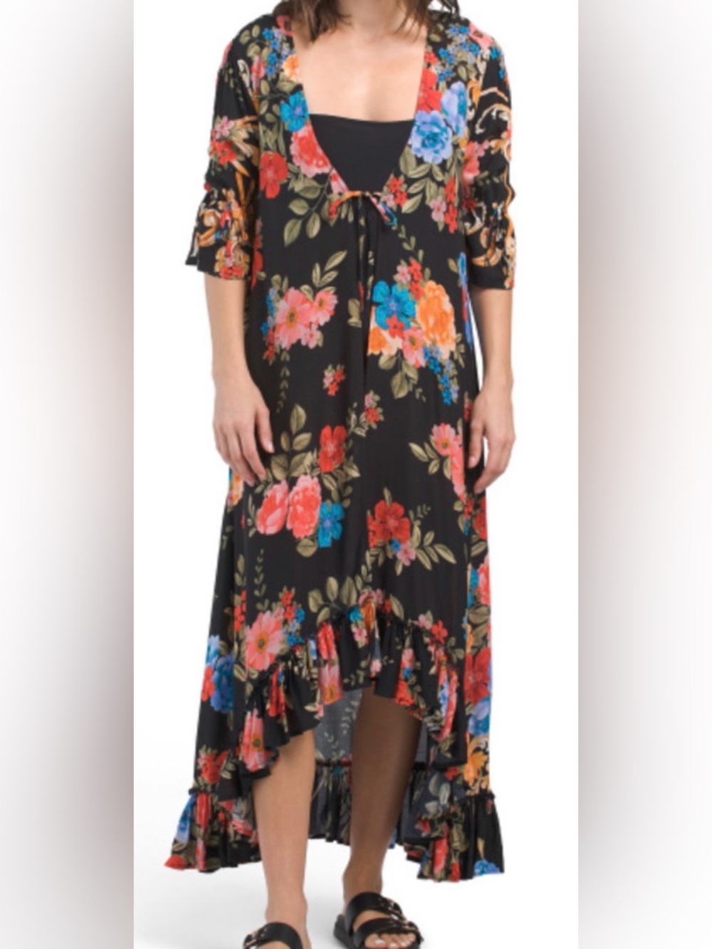 Johnny Was Black Floral Asymmetrical Ruffle Maxi Dress